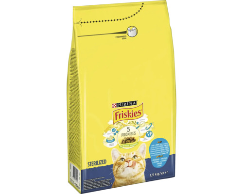 Hrană uscată pentru pisici PURINA Friskies Sterilized cu somon, ton și legume 1,5 kg