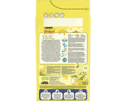Spatele unui ambalaj de hrană pentru pisici Friskies cu informații despre produs și ingrediente