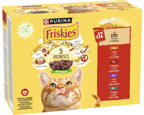 Hrană umedă pentru pisici PURINA Friskies Adult cu pui, vită, miel, rață în sos 12x85 g