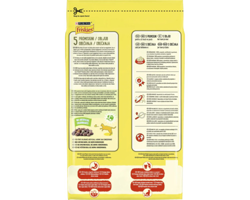 Ambalaj hrana pentru pisici Friskies cu informații despre ingrediente și promisiuni