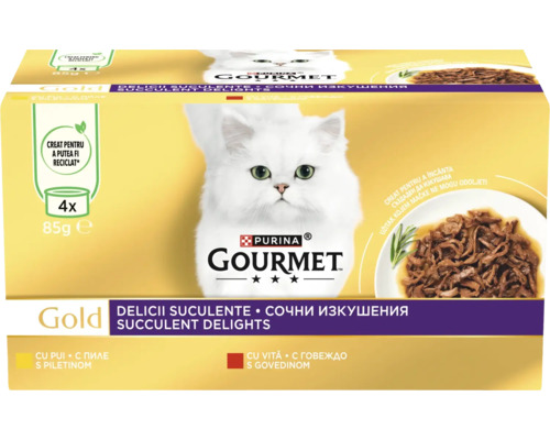 Hrană umedă pentru pisici PURINA Gourmet Gold Delicii Suculente cu pui, vită 4x85 g