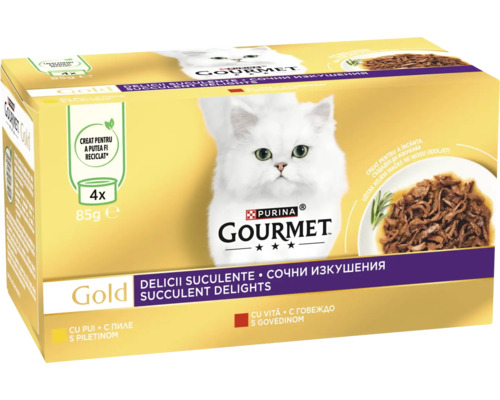 Gourmet Gold Multipack hrană pentru pisici cu pui și vită, 4 bucăți a câte 85 grame