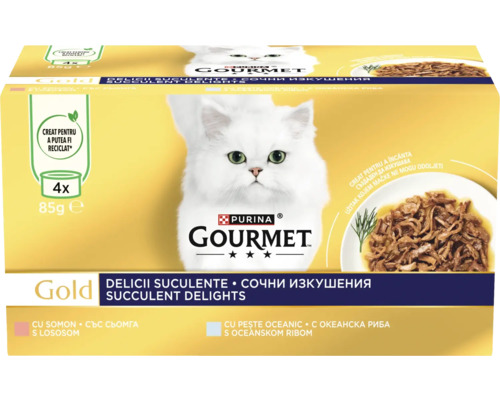 Hrană umedă pentru pisici PURINA Gourmet Gold Delicii Suculente cu somon, pește oeanic 4x85 g