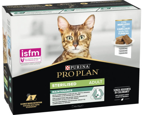 Purina Pro Plan Sterilised Adult hrană pentru pisici cu cod, 10 bucăți x 75 grame