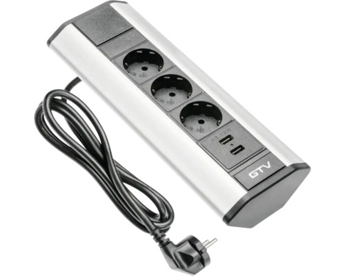 Prelungitor electric GTV 3 prize + 2x USB 1,5m 3600W, gri