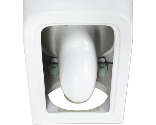 Prim-plan cu un vas de toaletă alb cu elemente de fixare