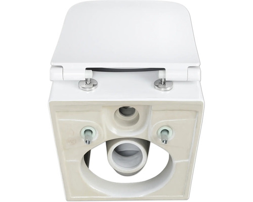 Vizualizare detaliată a unei toalete albe cu capac de toaletă de dedesubt