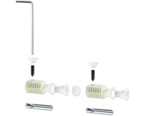 Reprezentare detaliată a unui set de fixare cu diblu, șurub, inel de etanșare, burghiu și cheie Allen