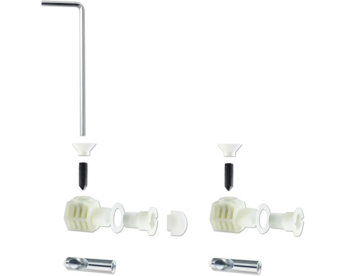 Desen explodat al unui set de instalare sanitară cu șuruburi, etanșări și unelte