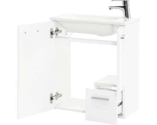 Dulap de bază pentru lavoar alb cu ușă deschisă și sertar