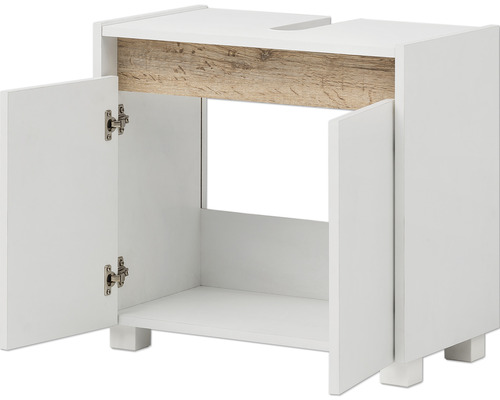 Dulap de bază pentru lavoar, alb, cu două uși deschise