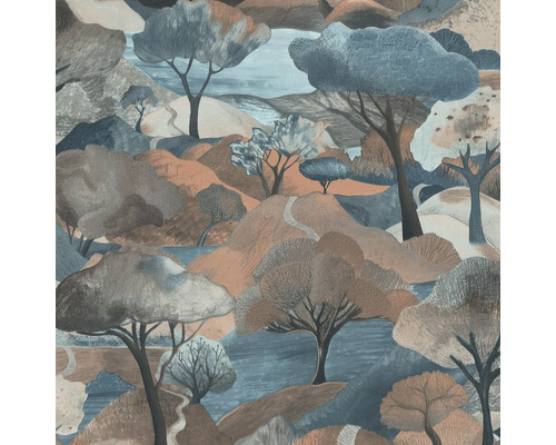 Tapet vlies Gentle Landscape albastru/maro 10,05x0,53 m Ilustrație a unui peisaj cu copaci și drumuri