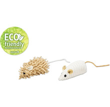 "Două jucării pentru pisici în formă de șoarece și o etichetă ""Ecologic"""