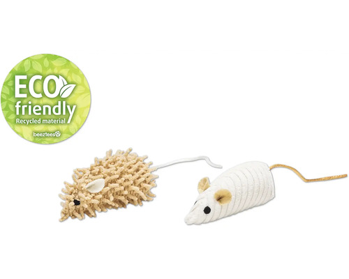 "Două jucării pentru pisici în formă de șoarece și o etichetă ""Ecologic"""