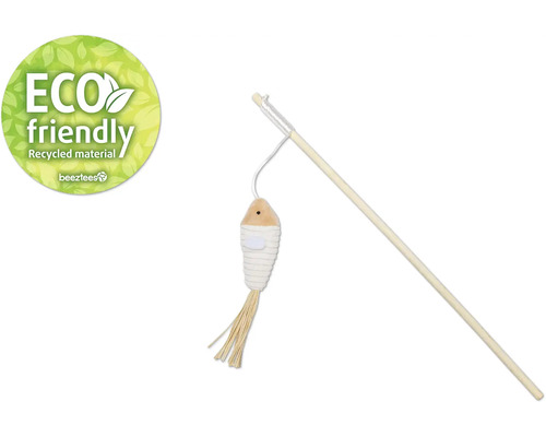 Jucărie pisici Beeztees Eco undiță Fyn 40 cm Jucărie pentru pisici undiță cu pește din material reciclat și sigiliul Eco Friendly
