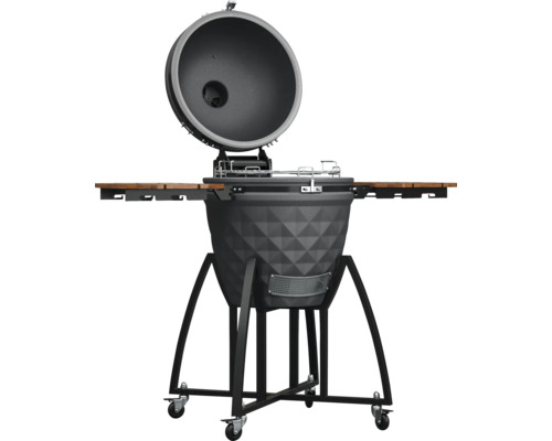 Grătar ceramic cu capac deschis, mese laterale și roți