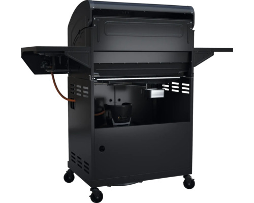 Grătar pe gaz cu rafturi laterale și spațiu de depozitare pe roți