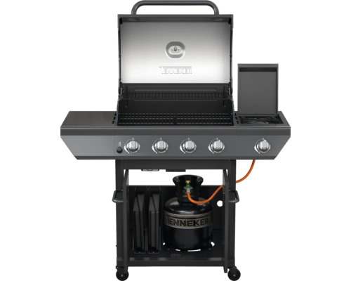 Grătar pe gaz Tenneker Dual Graphite 5 arzătoare 14,07 kW suprafața de gătire 85x133,8x56,2 cm oțel inoxidabil incl. termometru în capac, tavă de colectare grăsime, mese laterale, grătar din fontă Grătar pe gaz Tenneker cu cinci arzătoare, deschis