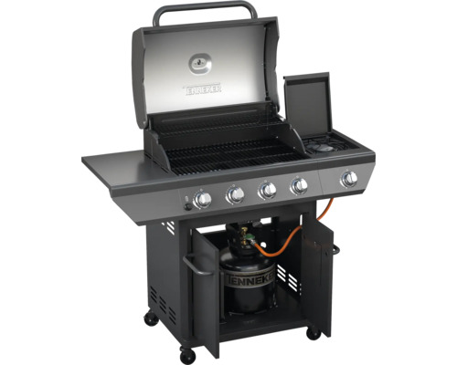 Grătar pe gaz cu patru arzătoare, aragaz lateral, grătar pentru menținerea căldurii și dulap inferior