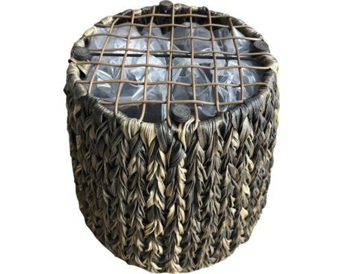 Ghiveci rotund din material vegetal împletit cu inserție de plastic și grătar