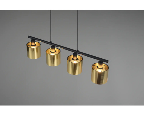 Lumină suspendată cu patru abajururi aurii pe bară neagră