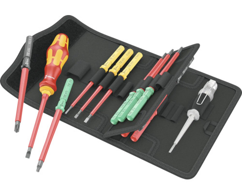Trusă Șurubelnițe VDE Wera Komoakt, 16 piese Set șurubelnițe Wera cu tester de tensiune într-o geantă neagră