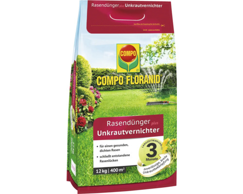 Îngrășământ gazon Compo 12 kg 400 m² cu ierbicid Compo Floranid îngrășământ pentru gazon plus erbicid, ambalaj de 12 kilograme