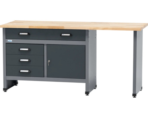 Banc de lucru negru/gri antracit Küpper 170x84x60cm (lxHxA), 1 ușă și 4 sertare, grosime blat lemn 3cm Banc de lucru cu blat din lemn, sertare și ușă încuiabilă