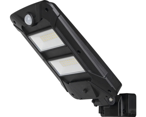 Lampă solară LED neagră cu senzor de mișcare pentru montare pe perete.