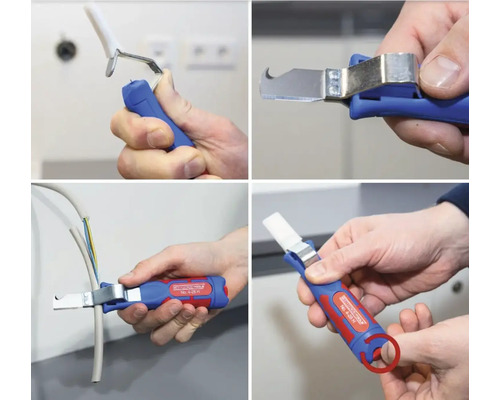 Mai multe vederi ale unui dezizolator de cabluri cu mâner din plastic.