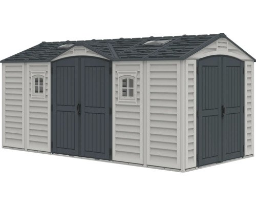 Căsuță de grădină spațioasă, cu uși duble și ferestre pentru depozitarea uneltelor de grădină și altele.