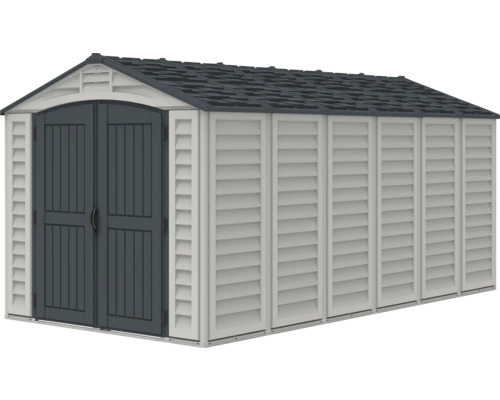 Magazie de grădină cu ușă dublă și acoperiș în două ape pentru depozitarea uneltelor și sculelor de grădinărit