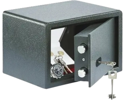 Seifă deschisă cu chei, monede și un ceas de mână