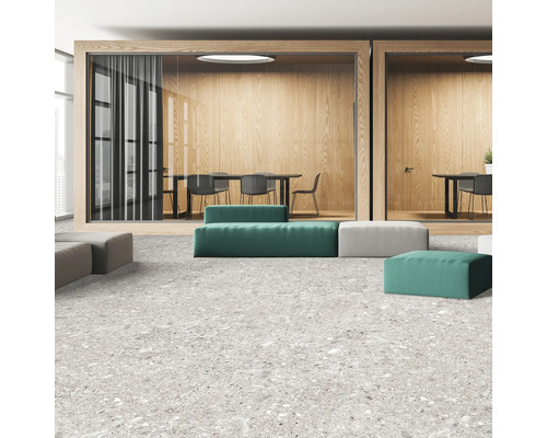 Cameră luminoasă cu săli de ședințe, zone de relaxare și podea pătată