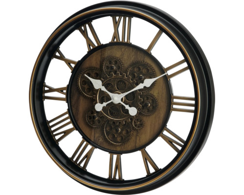 Ceas de perete decorativ cu cifre romane și motiv cu roți dințate