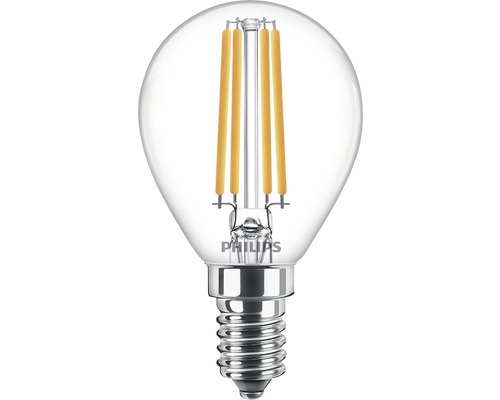 Bec LED Philips E14 6,5W 806 lumeni, glob clar P45, lumină caldă