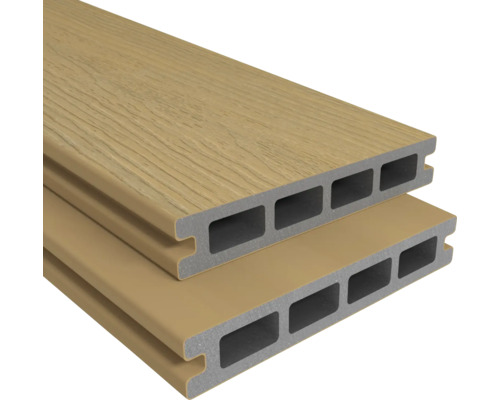 Profil WPC Konsta Nativo Eco pentru terasă stejar maro deschis 22,5x140x3000 mm Două scânduri de terasă din material compozit din lemn cu cavități dreptunghiulare