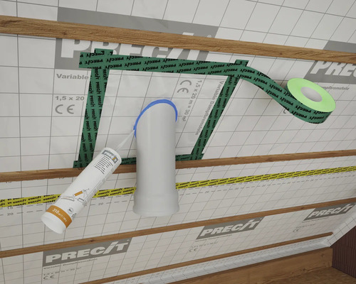 Scenă cu folie de control al vaporilor, etanșant și bandă adezivă pentru lucrări de construcție în interior