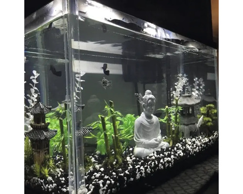 Acvariu decorativ cu statuie Buddha, pagoda și plante