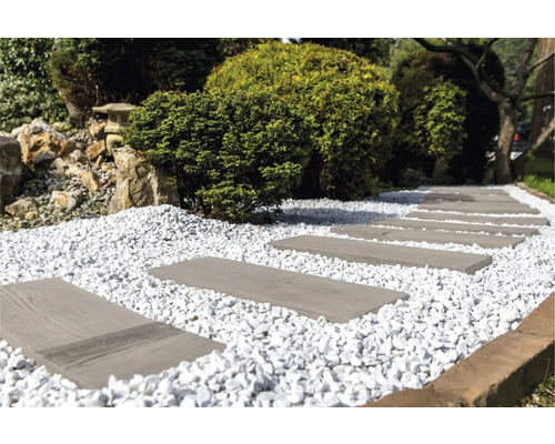 Scenă de grădină cu potecă din plăci de piatră și pietriș decorativ