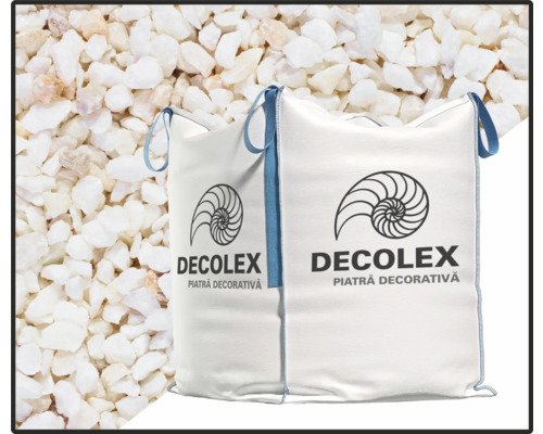 Marmură ruschița Decolex granulație 7-25 mm Big Bag 500 kg Doi saci cu pietre decorative cu logo-ul Decolex și pietre în fundal