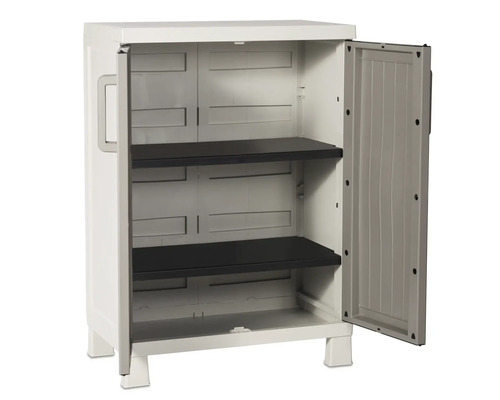 Dulap din plastic cu două rafturi și o ușă deschisă