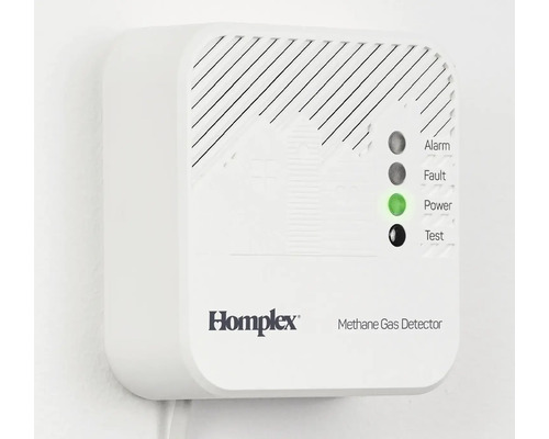 Detector de metan Homplex pe perete cu indicatori de alarmă, defecțiune, alimentare și testare