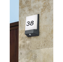Lumină cu numărul casei 38 și senzor de mișcare pe un perete exterior.