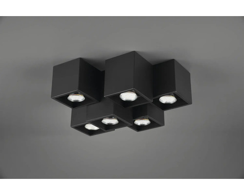 Plafonieră neagră cu mai multe cuburi și lumini integrate.