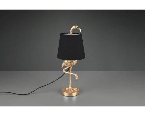 Lampă de masă decorativă în formă de flamingo auriu cu abajur negru.
