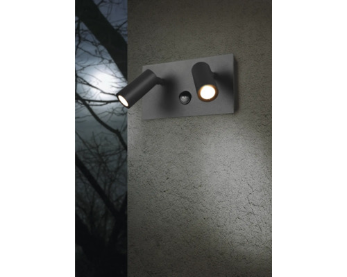 Aplică LED exterior Tunga 2x4W 420 lumeni, senzor de mișcare, IP54, antracit Lumină de perete cu două spoturi și senzor de mișcare