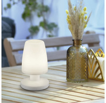 Lampă de masă decorativă pe o masă de lemn în aer liber.