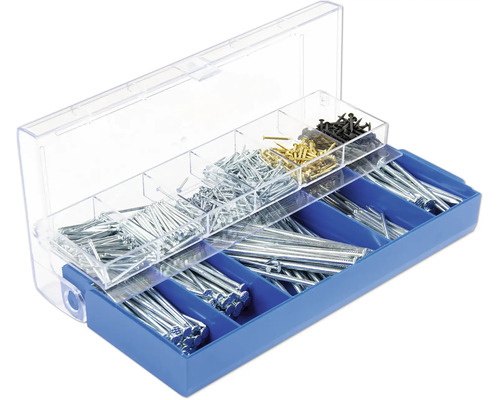 Cutie de sortiment cu diferite cuie și știfturi