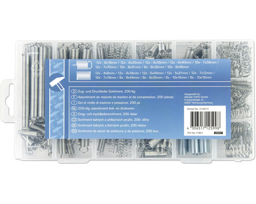 Sortiment de arcuri de tracțiune și de presiune, 200 bucăți în cutie de sortare